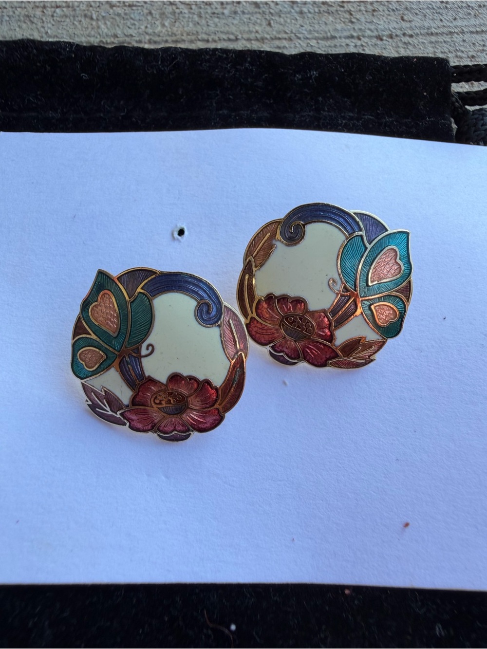 Vintage Floral Enamel Round Earrings in Teal & Cream